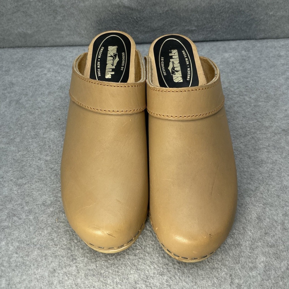 Vintage Skandals Women's 38 Brown Leather Clogs Wooden Soles slip On Mules